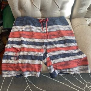 Bf Columbia Board shorts Mens 38x11 PFG Omni Shield Red Blue Wood Stripe Pattern